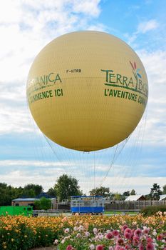 TERRA BOTANICA, ANGERS, FRANCE - SEPTEMBER 24, 2017: Large balloon in a park for visitors A BIRD S EYE VIEW OF TERRA