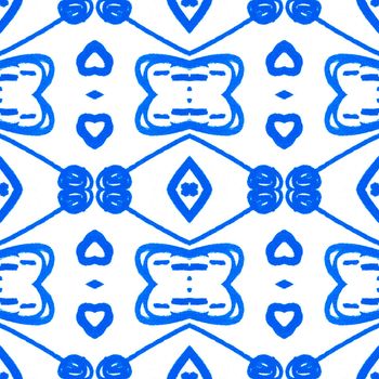Floral blue ceramic. Watercolor tile mosaic. Retro portuguese background. Vintage talavera design. Moroccan traditional illustration. Azulejo italian pattern. Seamless blue ceramic.