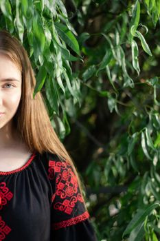 girl in national traditional ukrainian clothes. black and red embroidered dress. woman model posing in park outdoors.