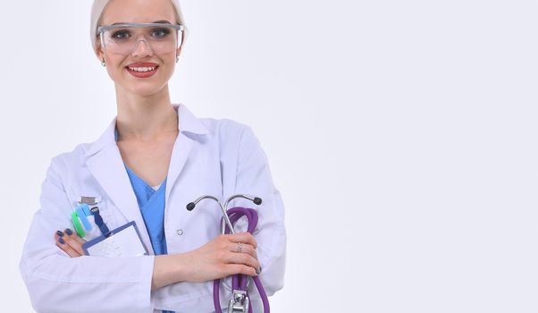 Portrait of female doctor standing against isolated on white background. Woman doctor