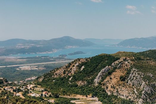 Beautiful nature mountains landscape. Kotor bay, Montenegro. Views of the Boka Bay, with the cities of Kotor and Tivat with the top of the mountain, Montenegro.