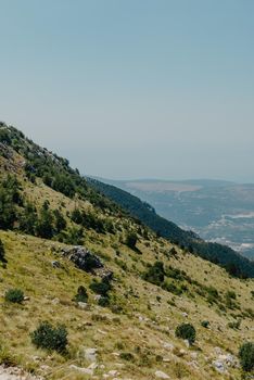 Panoramic view of idyllic mountain scenery in the Alps with fresh green meadows in bloom on a beautiful sunny day. Summer mountain landscape Landcscape hight mountains. Landscape in the fields.