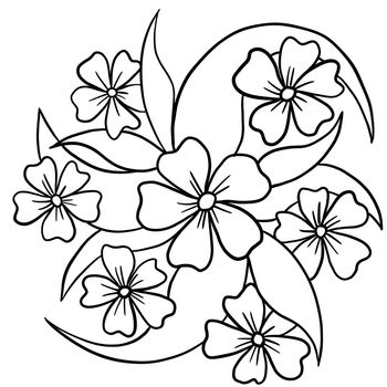 Hand drawn floral flower leaves illustration, black white elegant wedding ornament, Line art minimalism tatoo style design summer spring nature branch foliage blossom