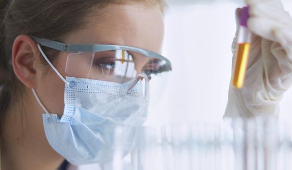 Researcher, doctor, scientist or laboratory assistant working with plastic medical tubes in modern lab or hospital.