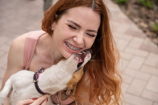 Dog jack russell terrier licks the owner in the face outdoors