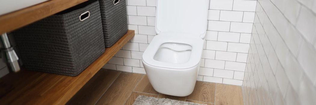 Portrait of modern bathroom interior with wooden shelves, white sink and toilet. Fresh interior, toilet paper, soap, decor. Renovation, restroom concept