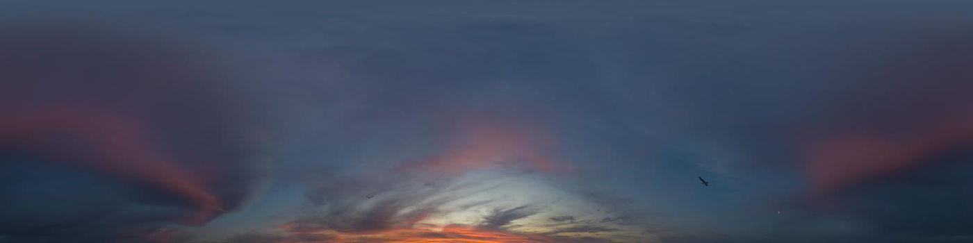 Dark blue sunset sky panorama with pink Cumulus clouds. Seamless hdr 360 pano in spherical equirectangular format. Full zenith for 3D visualization, game, sky replacement for aerial drone panoramas