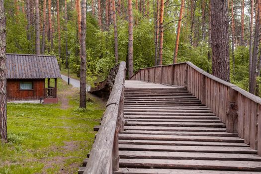 Wooden, pedestrian bridge across the river in the park or in the forest. Bridge and walking path.