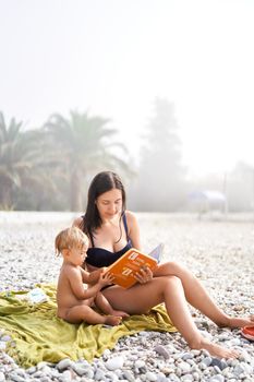 Mom reads a book to a little girl sitting on a blanket on the beach. High quality photo