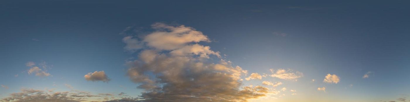 Dark blue sunset sky panorama with pink Cumulus clouds. Seamless hdr 360 pano in spherical equirectangular format. Full zenith for 3D visualization, game, sky replacement for aerial drone panoramas