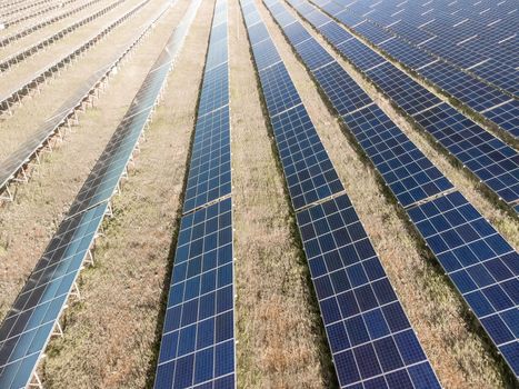 Aerial top view of a solar panels power plant. Photovoltaic solar panels at sunrise and sunset in countryside from above. Modern technology, climate care, earth saving, renewable energy concept