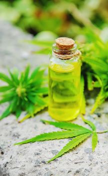 cannabis oil in a small jar. Selective focus.nature