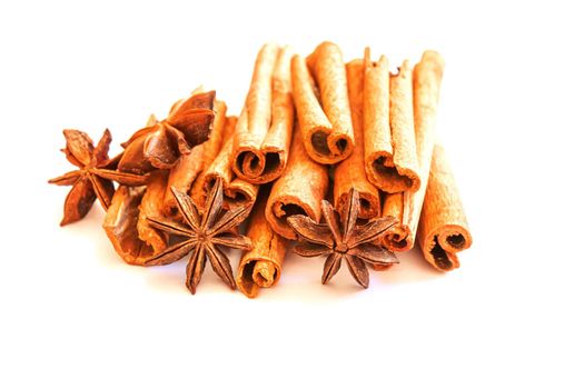 Cinnamon and anise isolated on white background.selectiv focus.food