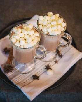 Cocoa with marshmallows on christmas background. Selective focus. Drink.