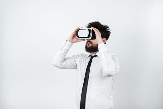 Standing Man Wearing Vr Glasses Presenting Important Messages.