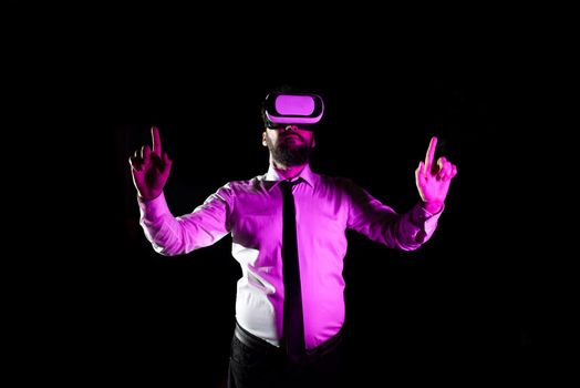 Businessman Using Virtual Reality Simulator And Gesturing During Training.