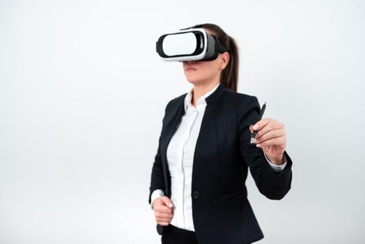 Woman Wearing Vr Glasses And Pointing On Recent Updates With Pen.