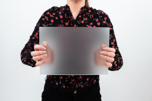 Woman Showing Placard And Presenting Important Ideas For Marketing.