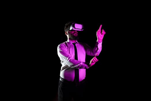 Businessman Using Virtual Reality Simulator And Gesturing During Training.