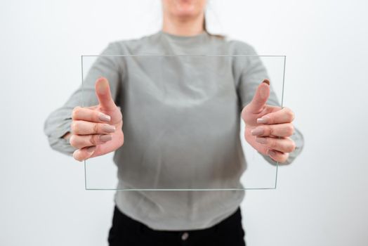 Businesswoman Holding Glass Banner And Promoting The Business.