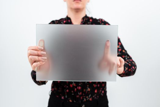 Woman Showing Placard And Presenting Important Ideas For Marketing.