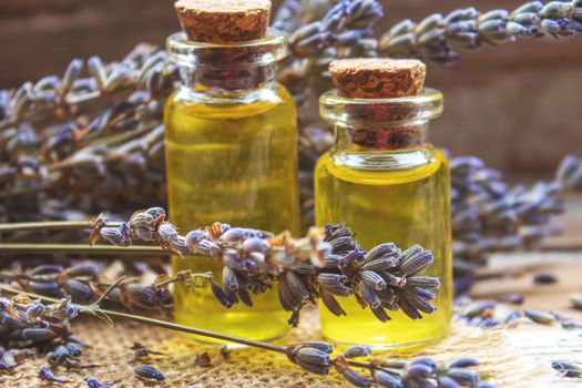 Lavender essential oil in a small bottle.selective focus.nature