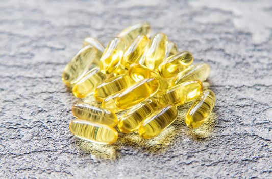 Omega-3 fish oil capsules. Selective focus.medical