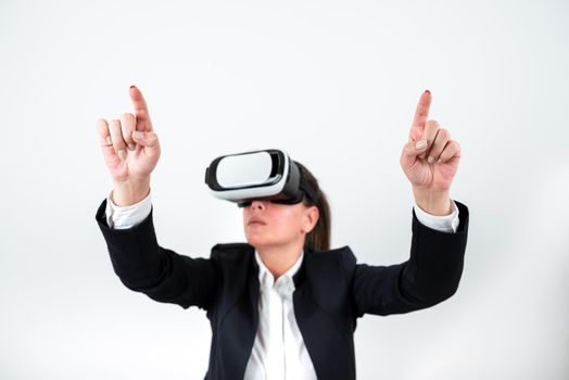 Woman Wearing Vr Glasses And Pointing On Important Messages With Both Hands