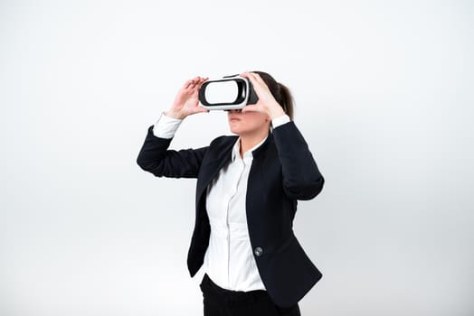 Standing Woman Wearing Vr Glasses Presenting Important Messages.