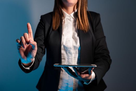 Businesswoman Holding Phone And Pointing With One Finger On Important News.
