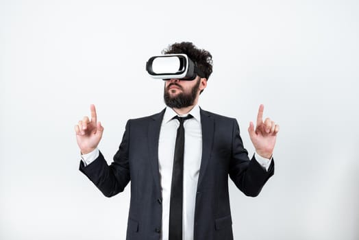 Man Wearing Vr Glasses And Pointing On Important Messages With Both Hands.