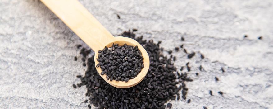 black wool cumin seeds.selectiv focus.