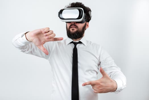 Man Wearing Vr Glasses And Presenting Important Messages Between Hands.