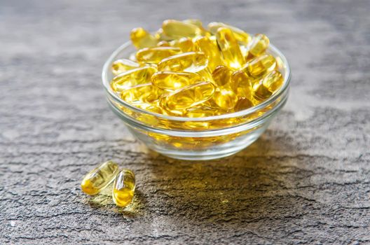 Omega-3 fish oil capsules. Selective focus.medical