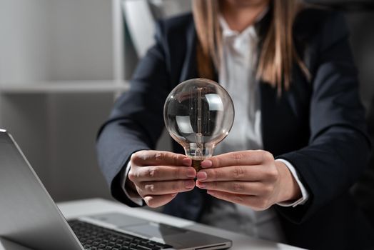 Businesswoman Holding Lightbulb With Both Hands In Office.