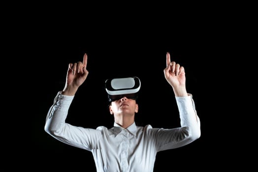 Woman Wearing Virtual Reality Simulator And Gesturing During Training.