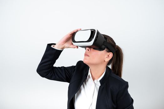 Standing Woman Wearing Vr Glasses Presenting Important Messages.