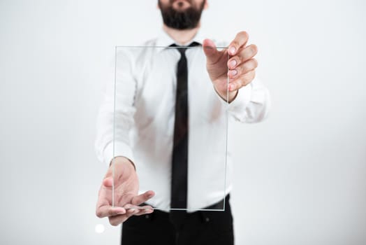 Businessman Wearing Necktie Showing Placard For Advertisement.