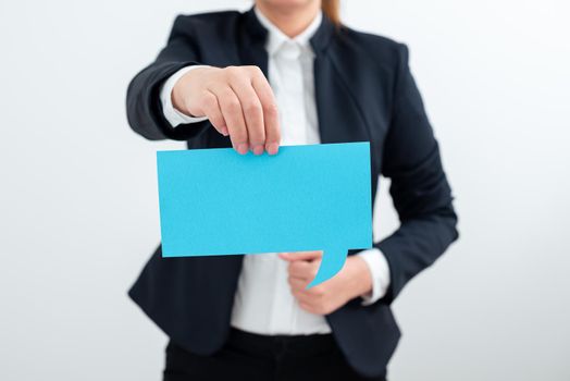 Businesswoman Holding Speech Bubble With Important Messages.