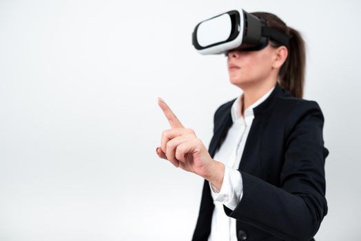 Woman Wearing Vr Glasses And Pointing On Important Message With One Finger.