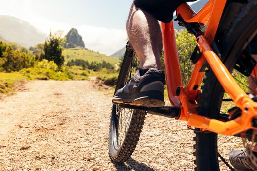 close up of the wheels of a mountain bike with cyclist on a dirt path, concept of sport and healthy lifestyle in nature, copy space for text
