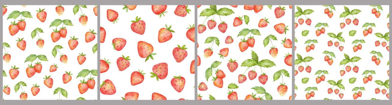Watercolor seamless pattern with cute strawberry and green leaf. Stylized drawing illustration of summer berry isolated on white
