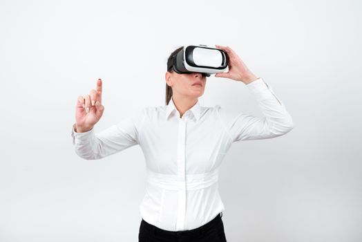 Woman Wearing Vr Glasses And Pointing On Important Message With One Finger.