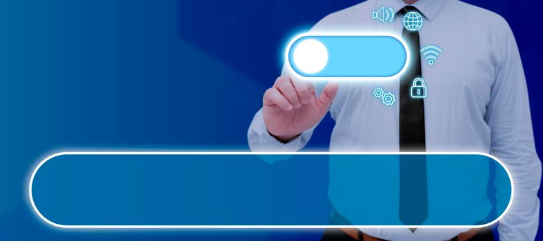 Businessman Pointing On Power Symbol And Digital S Containing Data.