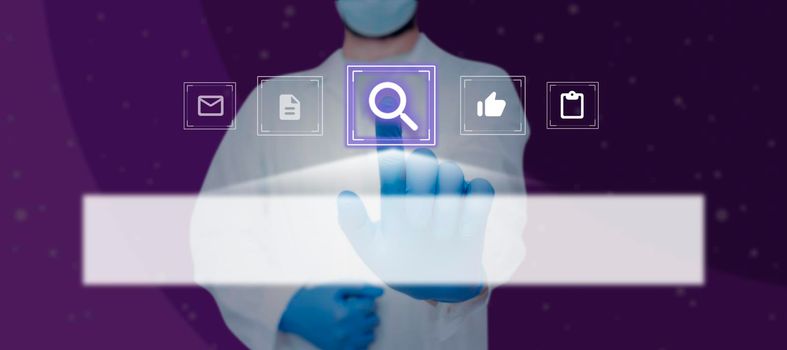 Doctor Touching New Search Computer Technology With Gloves On Hands.