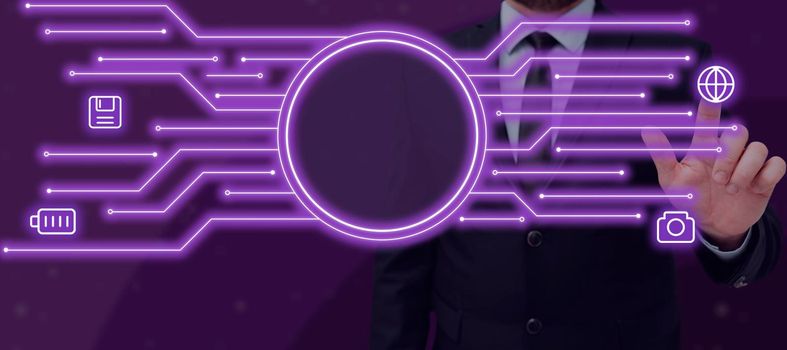 Businessman Pointing On Important Data In Futuristic Lines Design.