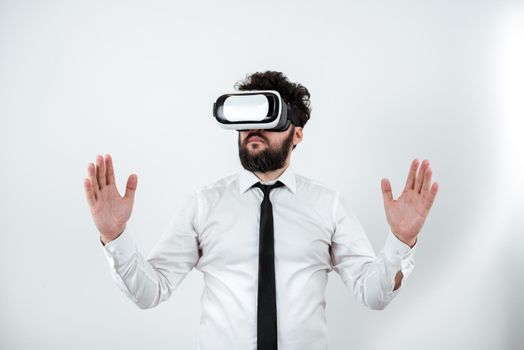 Man Wearing Vr Glasses Andpresenting Important Messages Between Hands.