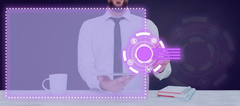 Businessman In Necktie With Pad On Hand Pressing On Digital S.