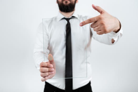 Businessman Wearing Necktie Showing Placard For Advertisement.