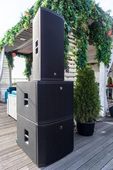 Sound and music big speakers for a holiday event or other outdoor celebration. Almaty, Kazakhstan - September 21, 2021